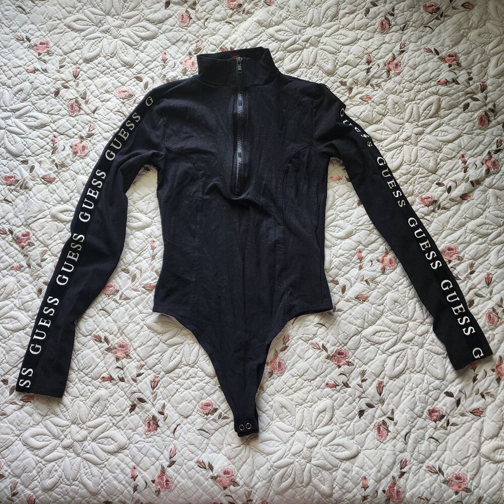 GUESS Women Black Logo Sleeve Long Sleeve Quarter Zip Bodysuit Mock Neck Size S